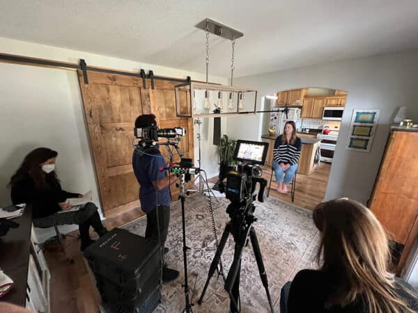 Documentary-style interview setup for a public health campaign video filmed in Oregon during COVID-19